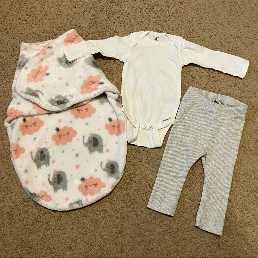 Newborn fleece white pink grey elephant swaddle wrap Gerber onesie &‎ Grey pants